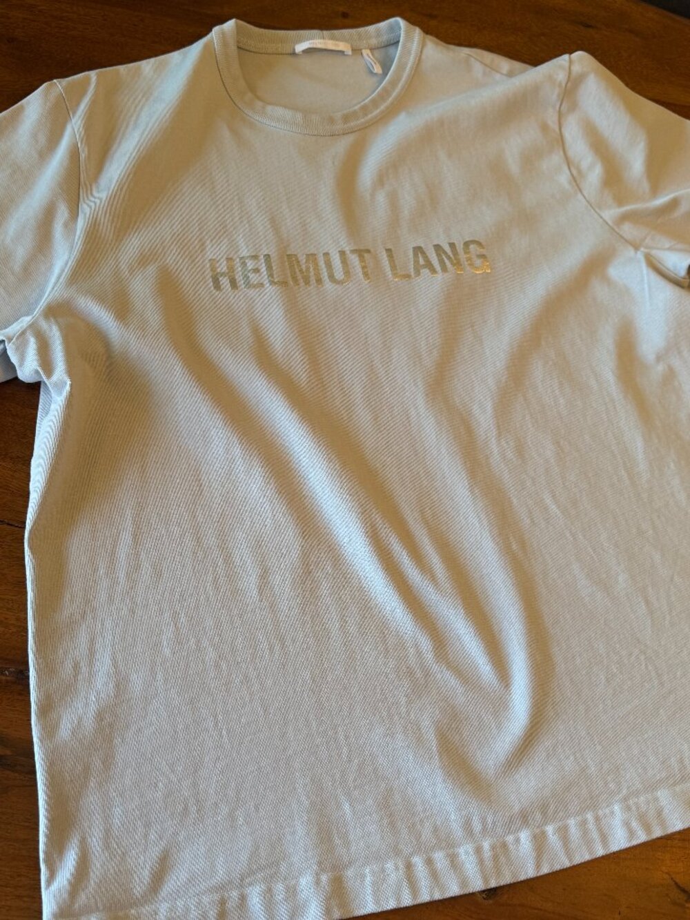 Helmut Lang Pale Blue T-Shirt with Metallic Logo XXL